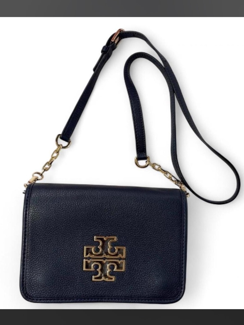 Tory Burch Navy Leather Crossbody with Gold Logo Hardware